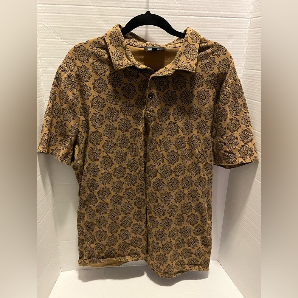 Express Men's brown and gold floral pattern slim polo shirt. XL. Good condition